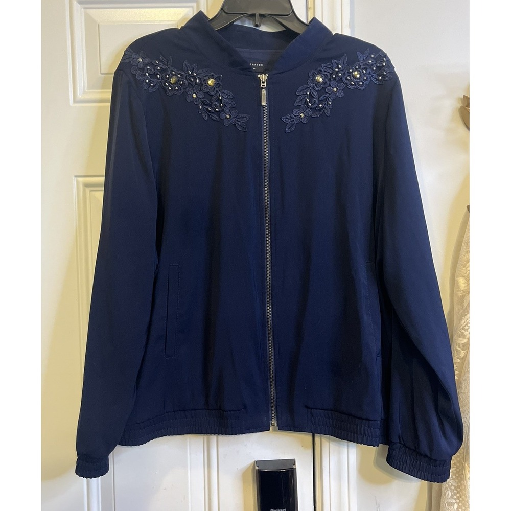Susan Graver Artisan Navy Blue Bomber Jacket XL Zip Lace Floral Sequin Beaded